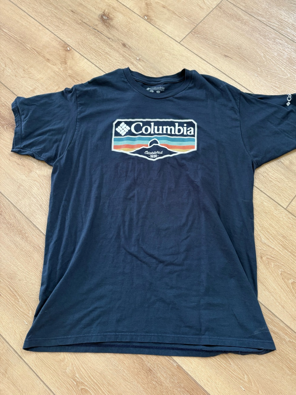 Columbia Men’s Navy Logo Tee with Multicolor Stripe Accent